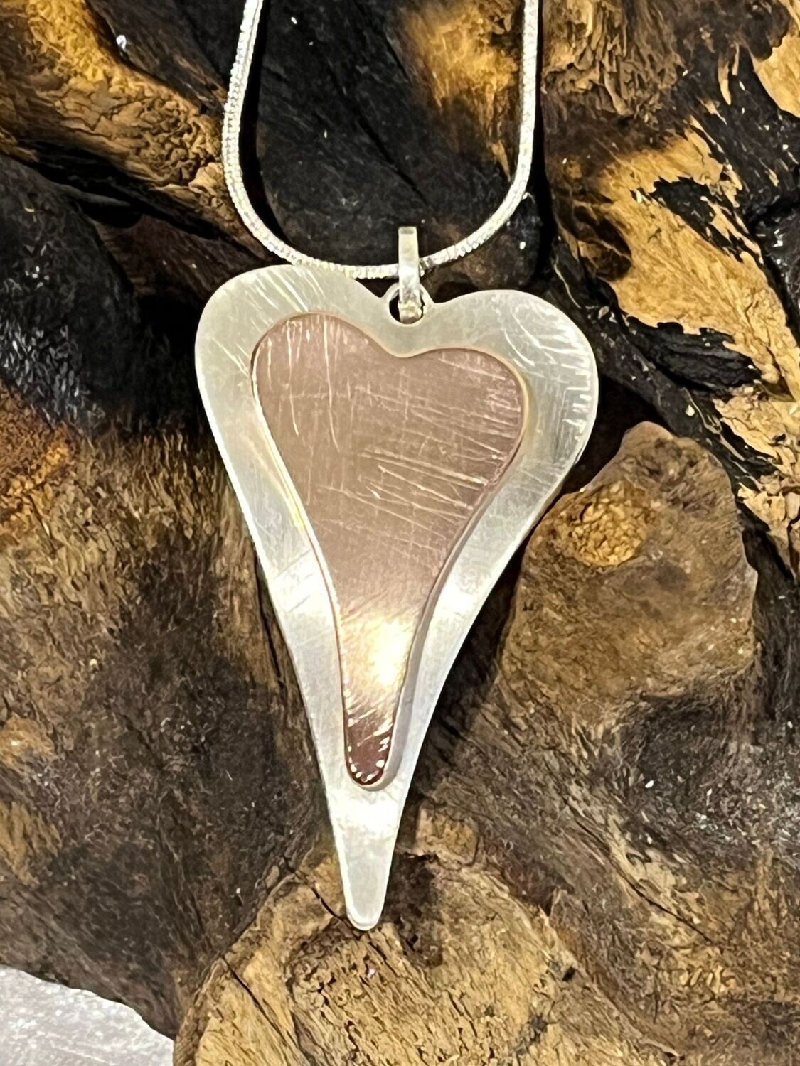 Rose Tone Heart on Silver Tone Heart Long Necklace