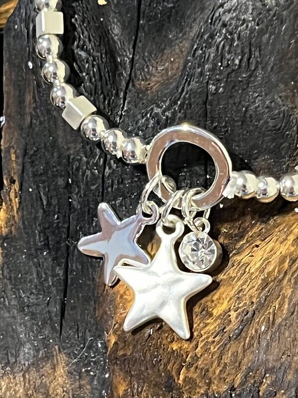 Double Star Rose and Silver Tone Stretch Bracelet