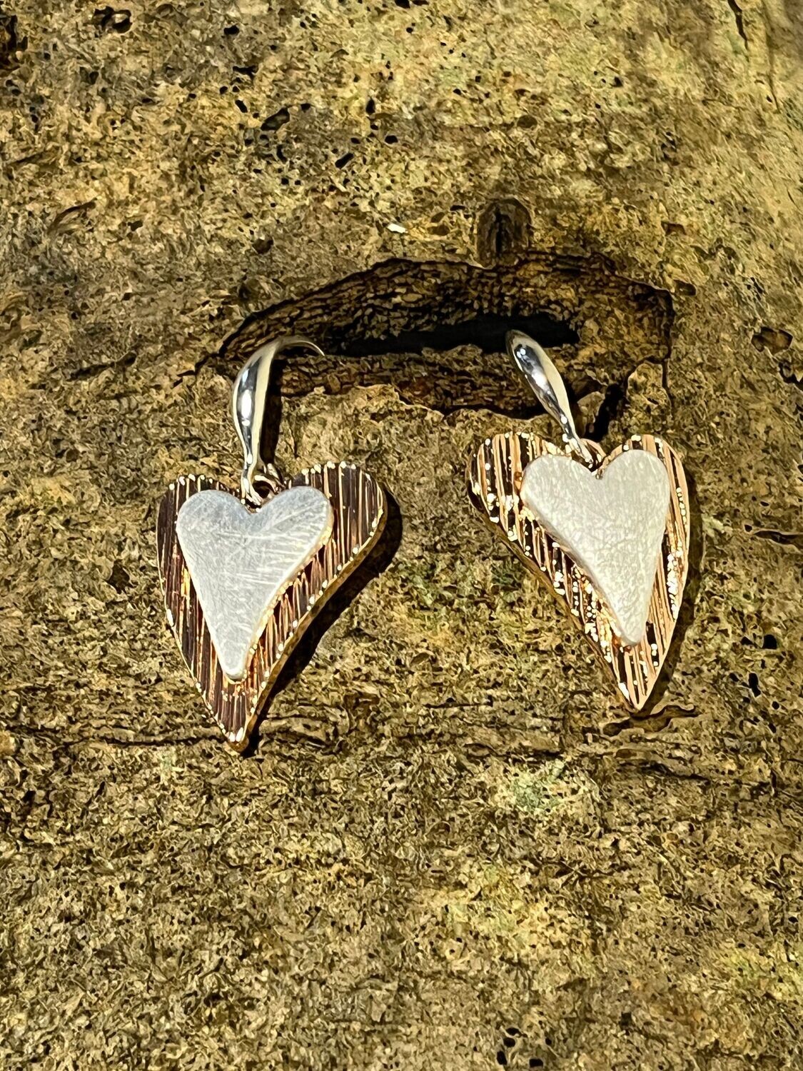 Double Heart Silver and Rose Tone Earrings