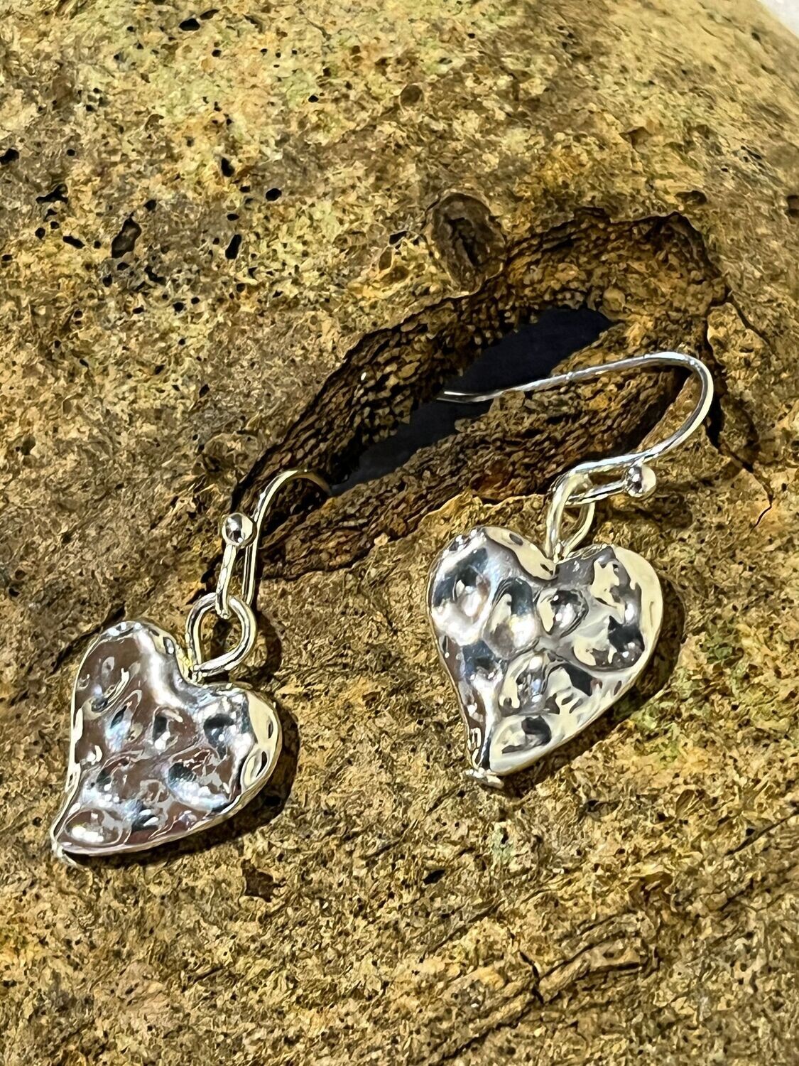 Hammered Heart Silver Tone Earrings