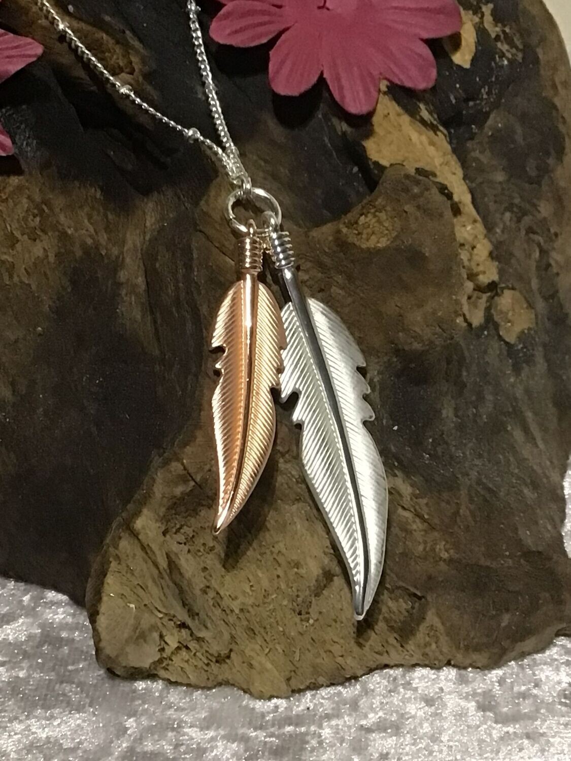 Silver & Rose Tone Feathers Necklace