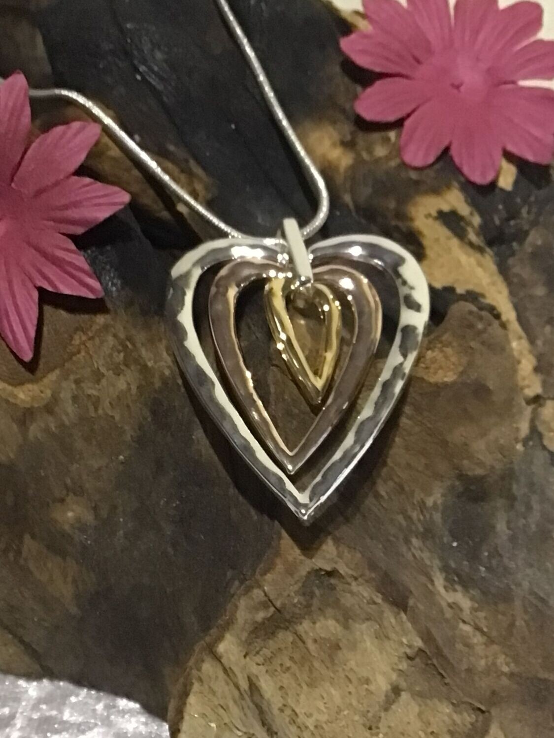 Rose, Silver and Gold Tone Triple Heart Long Necklace