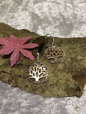 Silver and Rose Tone Tree of Life Drop Earrings