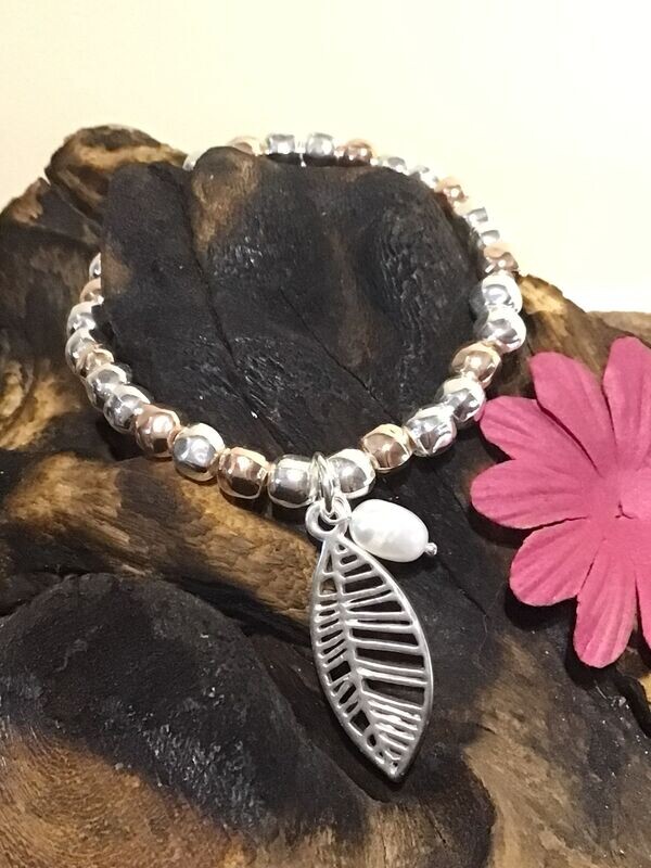 Leaf and Pearl Silver and Rose Tone Stretch Bracelet