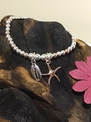 Starfish and Shell Silver and Rose Tone Stretch Bracelet