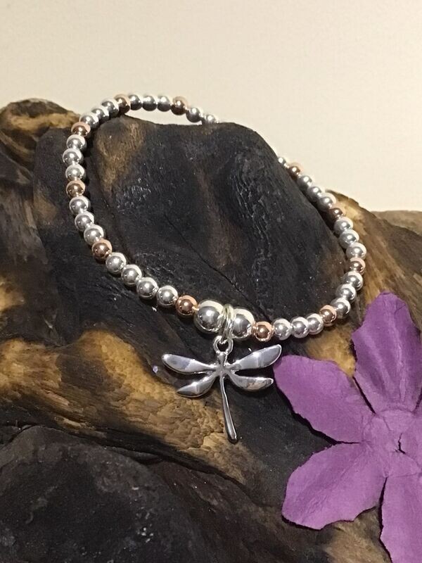 Dragonfly Silver and Rose Tone Stretch Bracelet