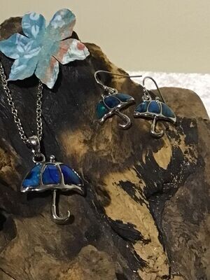 Blue Paua Shell Umbrella Necklace and Earrings Set