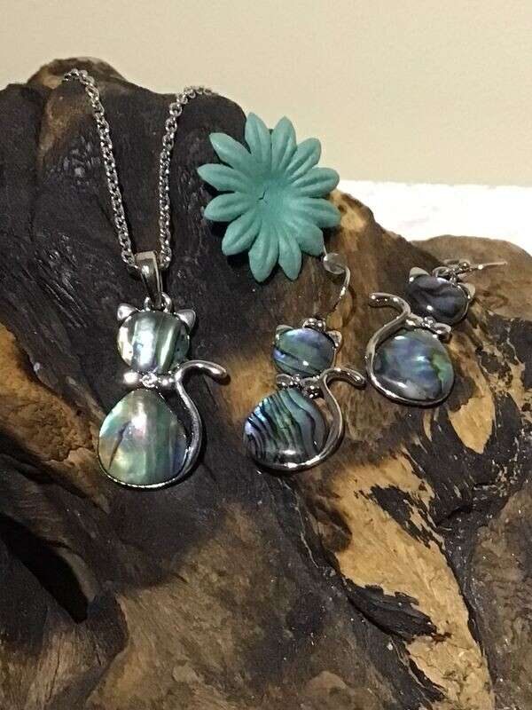 Sitting Cat Paua Shell Necklace & Earrings Set