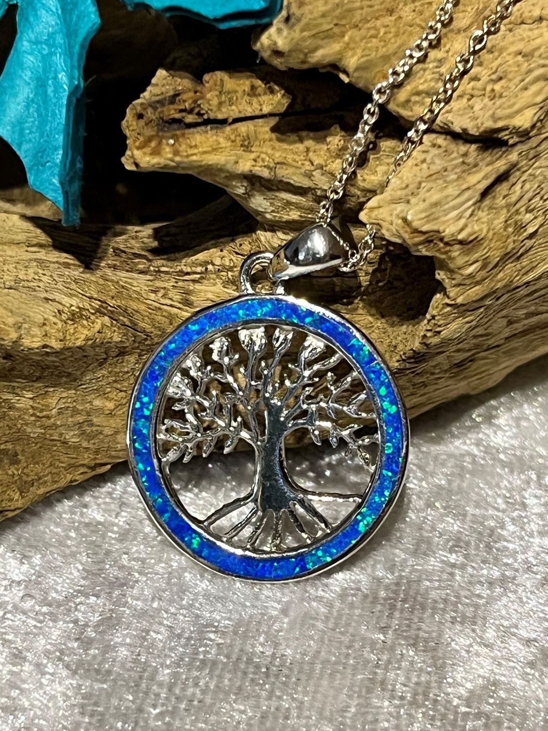 Blue Opal Tree of Life Silver Necklace