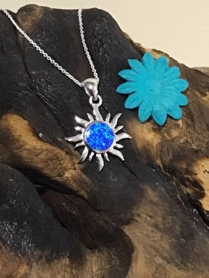 Blue Opal Sunburst Silver Necklace