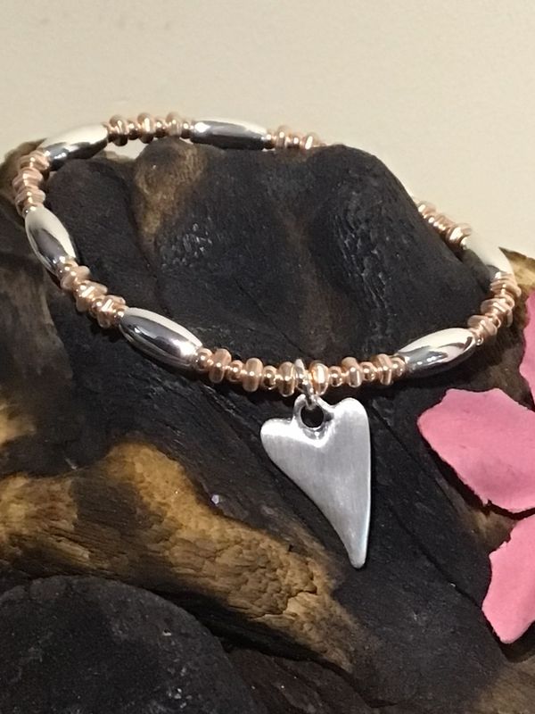 Silver and Rose Tone Heart Stretch Bracelet