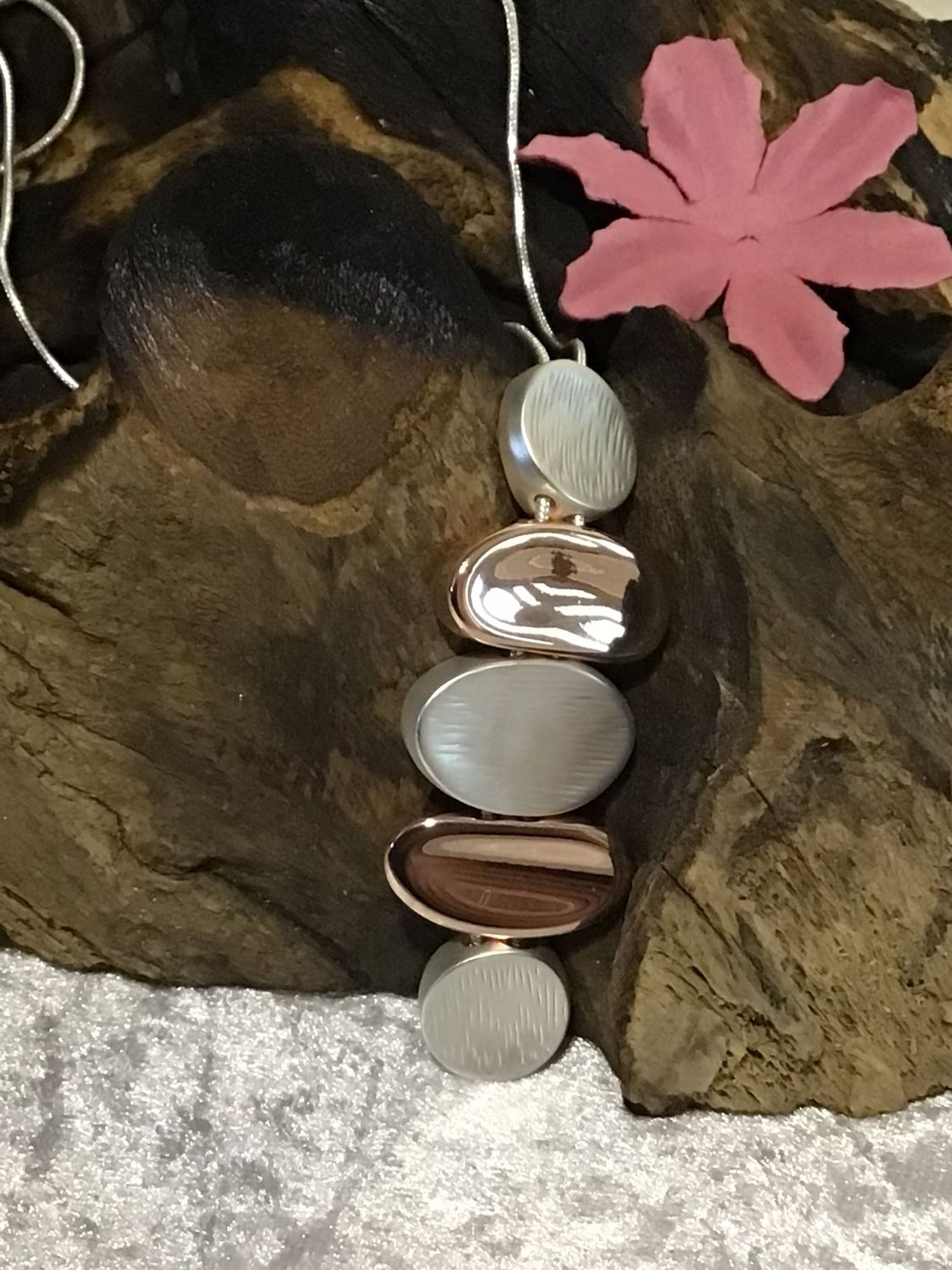 Rose and Silver Tone Pebbles Long Necklace