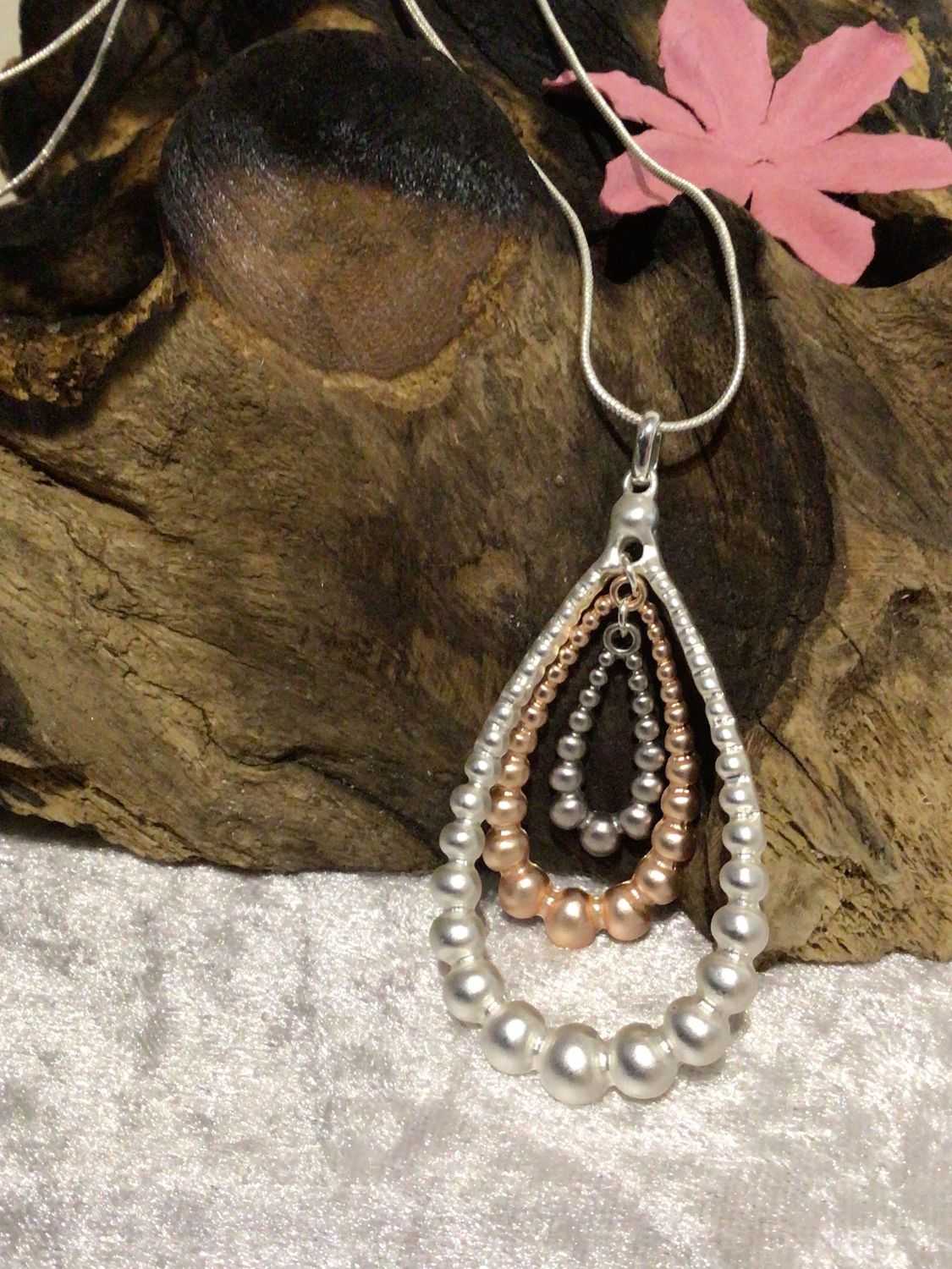 Rose and Silver Tone Triple Drop Long Necklace
