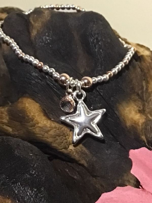 Silver and Rose Tone Star and Gem Stretch Bracelet