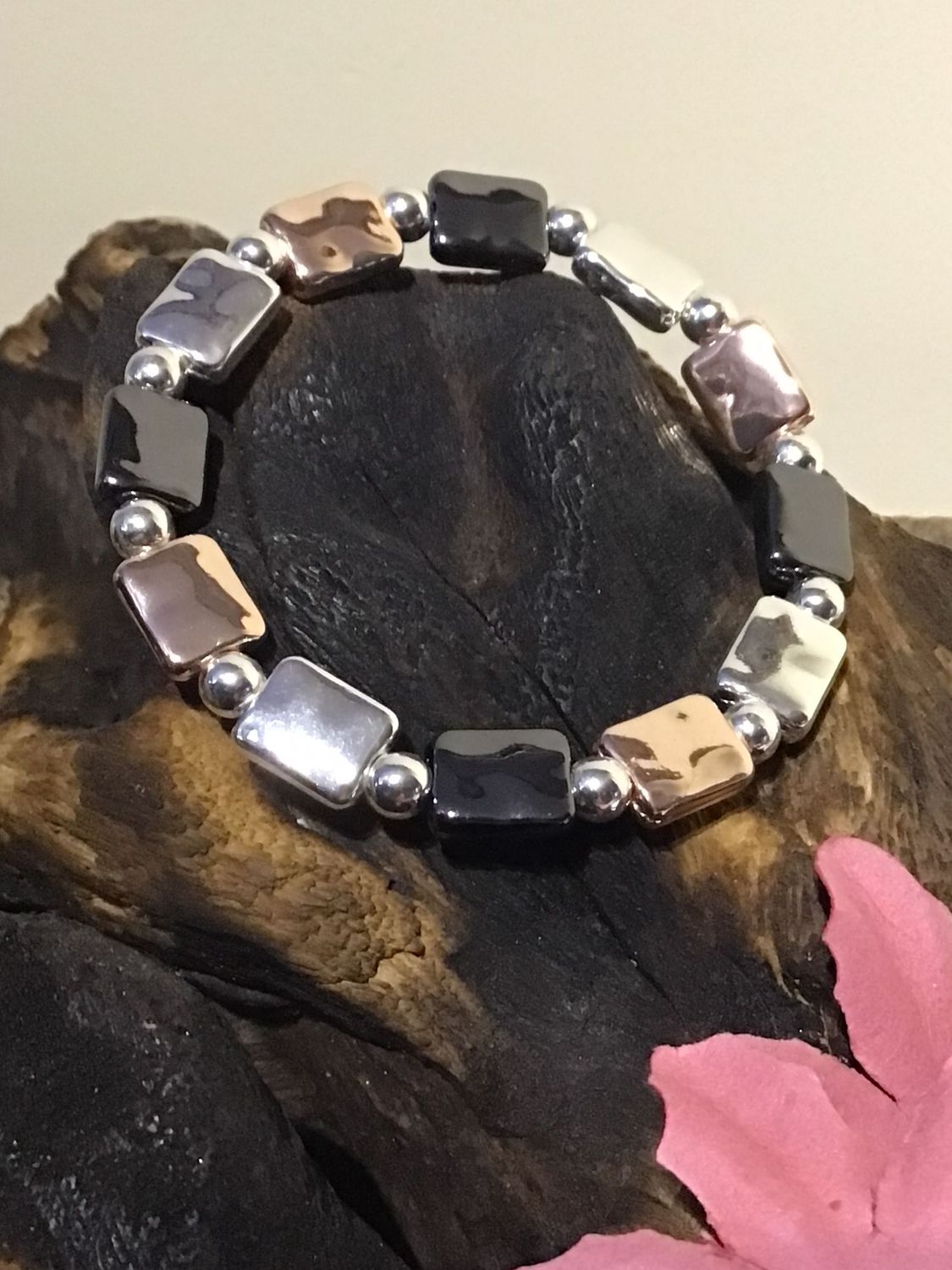 Silver, Rose and Black Tone Nugget Stretch Bracelet