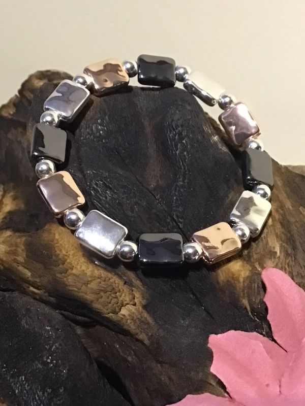 Silver, Rose and Black Tone Nugget Stretch Bracelet