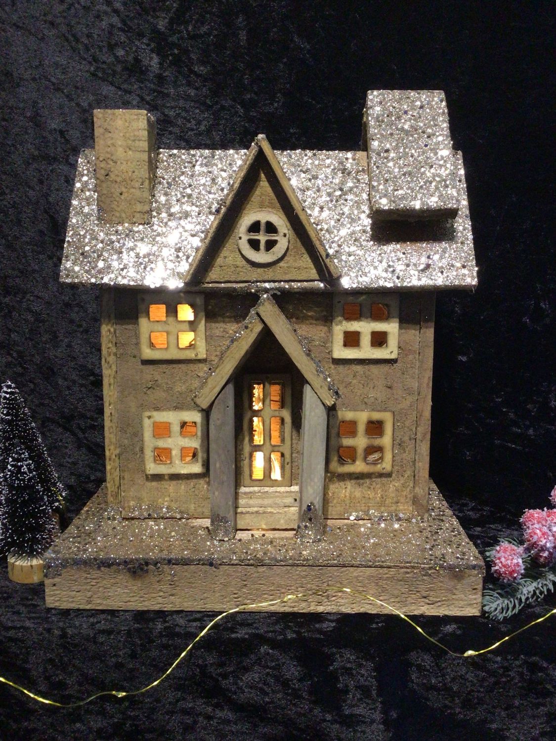 Wooden Illuminated Glitter Christmas House