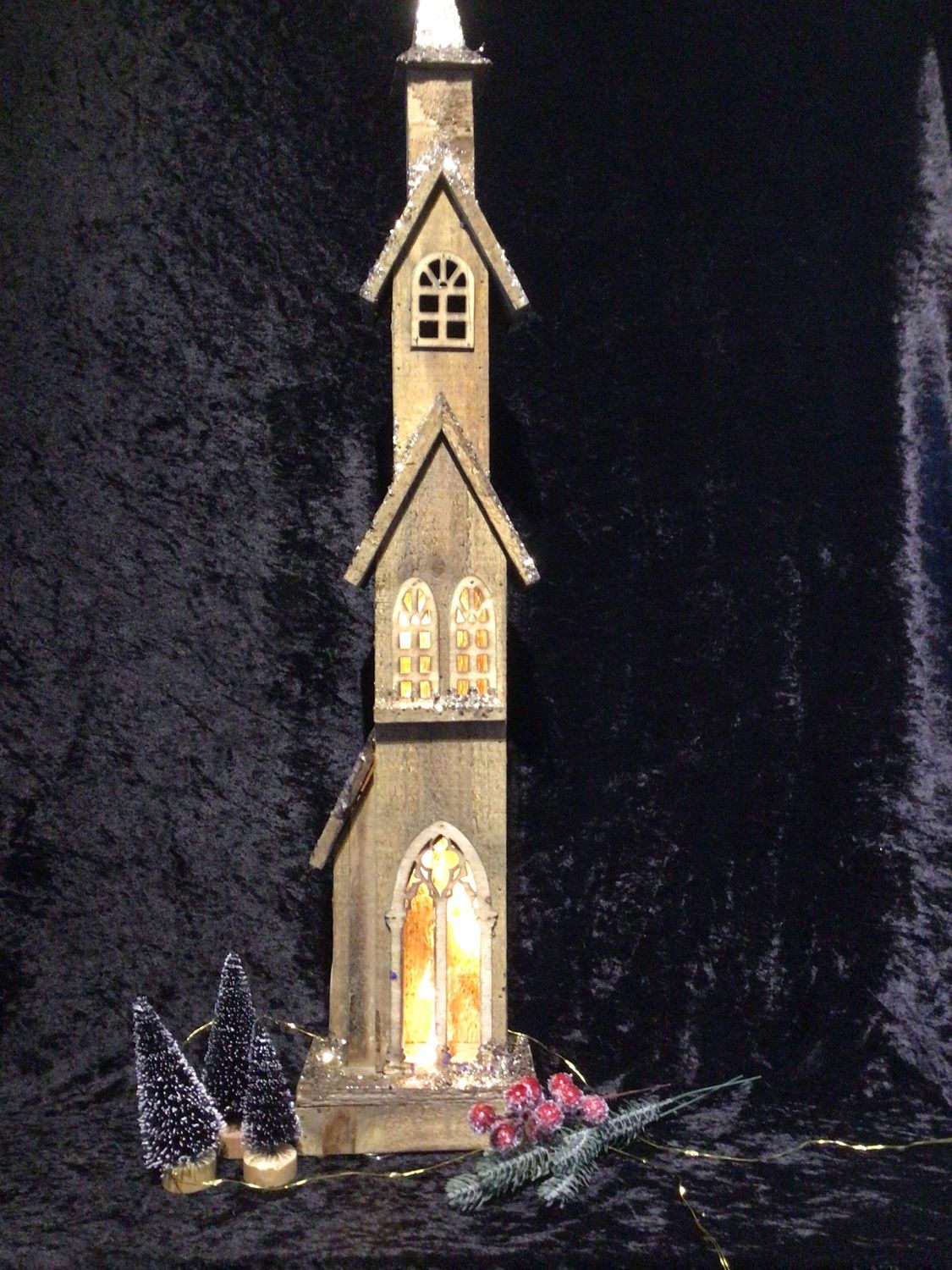 Tall Wooden Illuminated Christmas House with Glitter