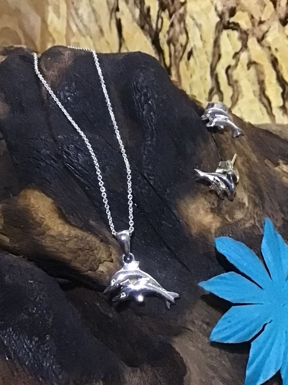 Sterling Silver Dolphin Necklace and Earrings Set