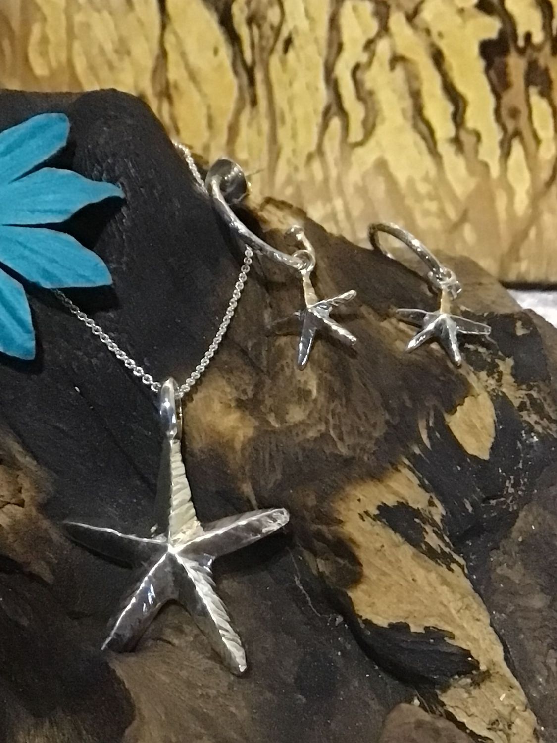 Sterling Silver Textured Starfish Necklace and Earrings Set