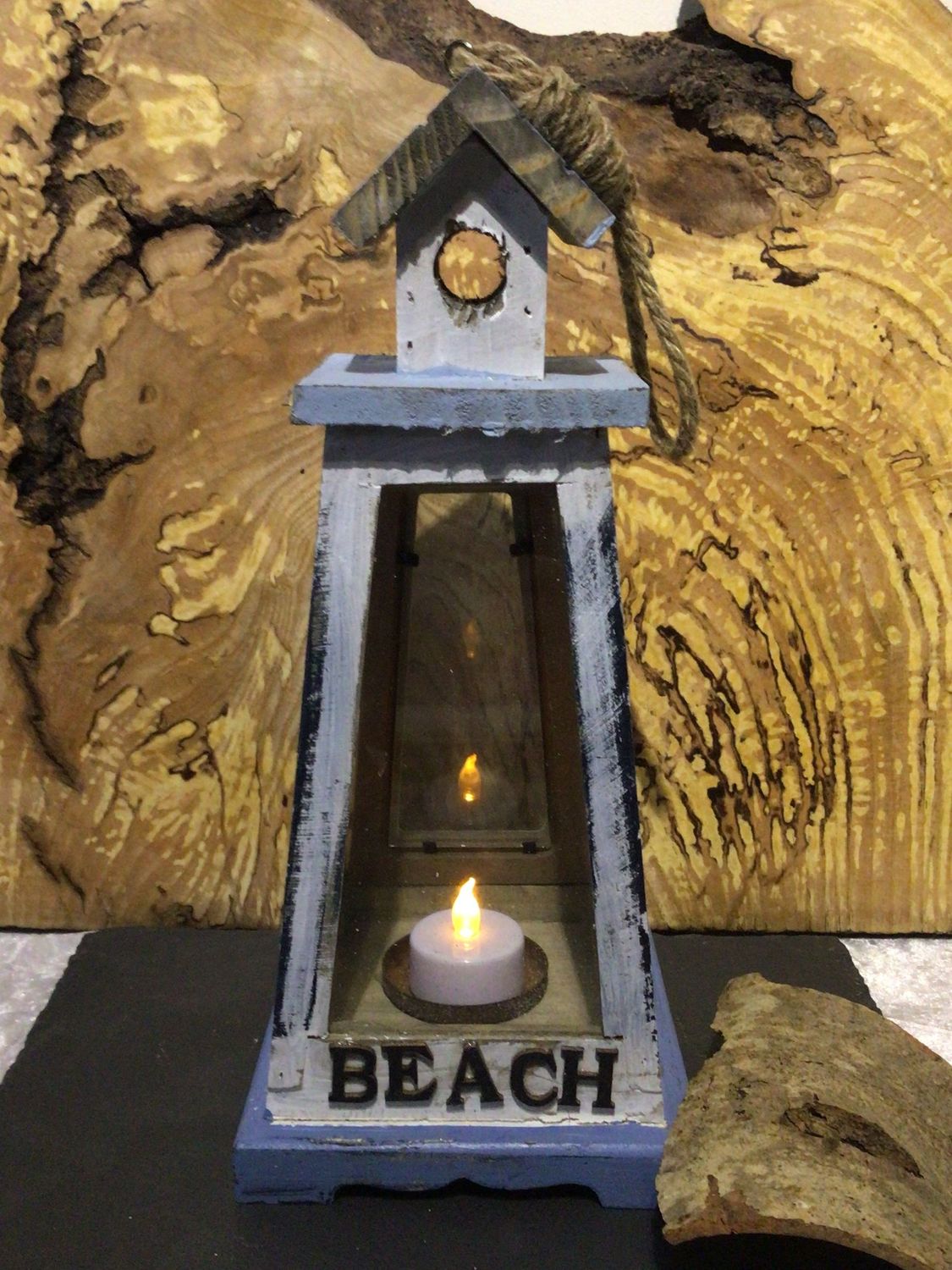 Light Blue Wooden Lantern with BEACH