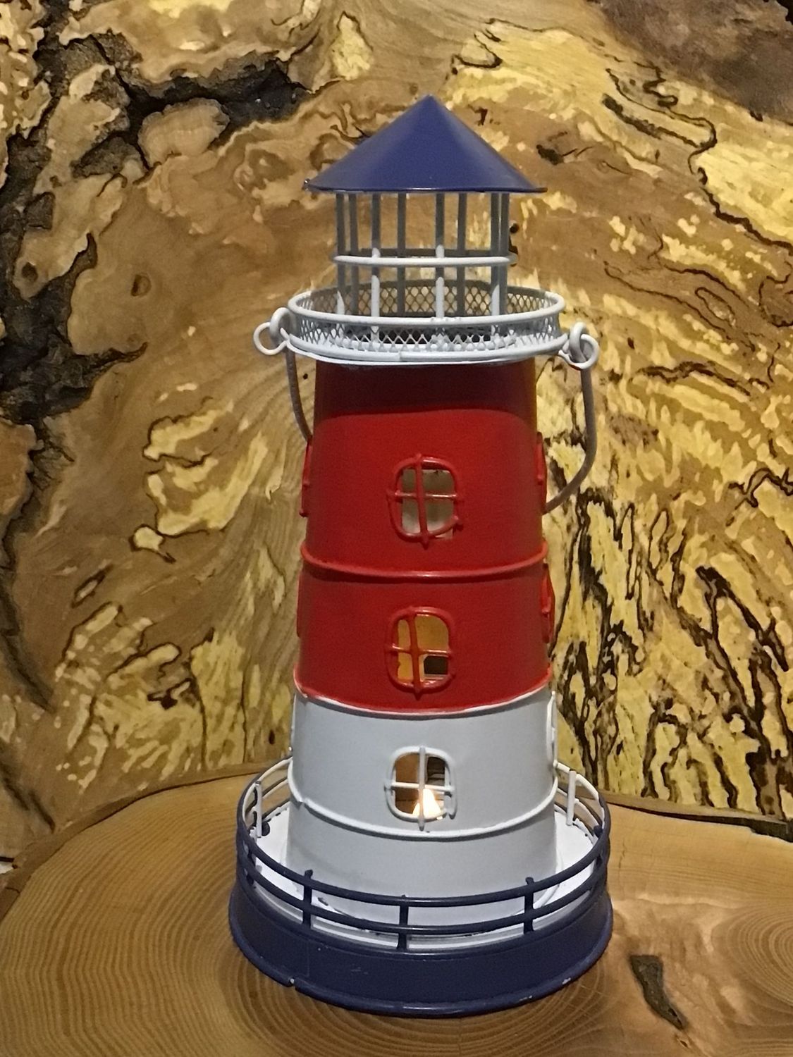Red, White and Navy Metal Tealight Lighthouse
