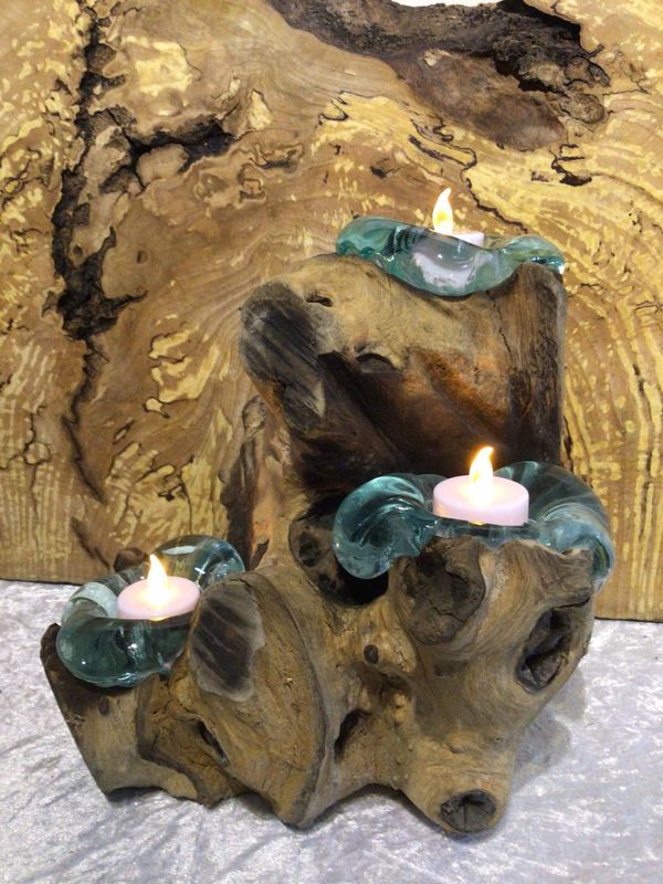 Teak Root Glass Triple Tall Tea-light Holder