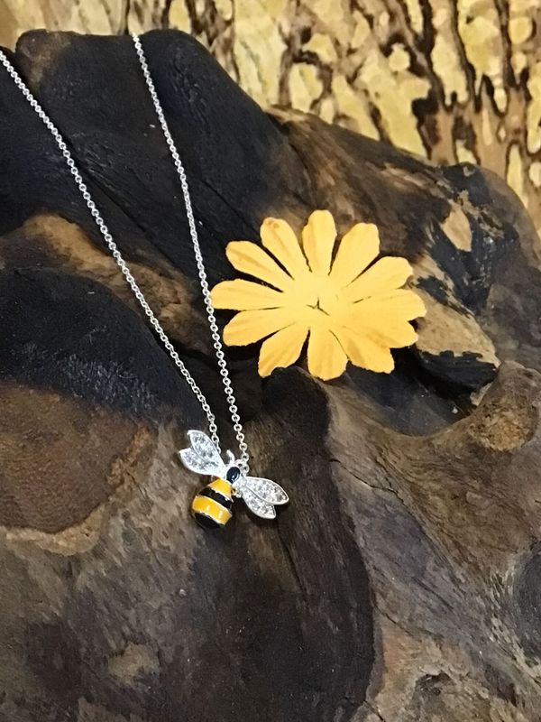 Silver Tone Yellow Bee Necklace