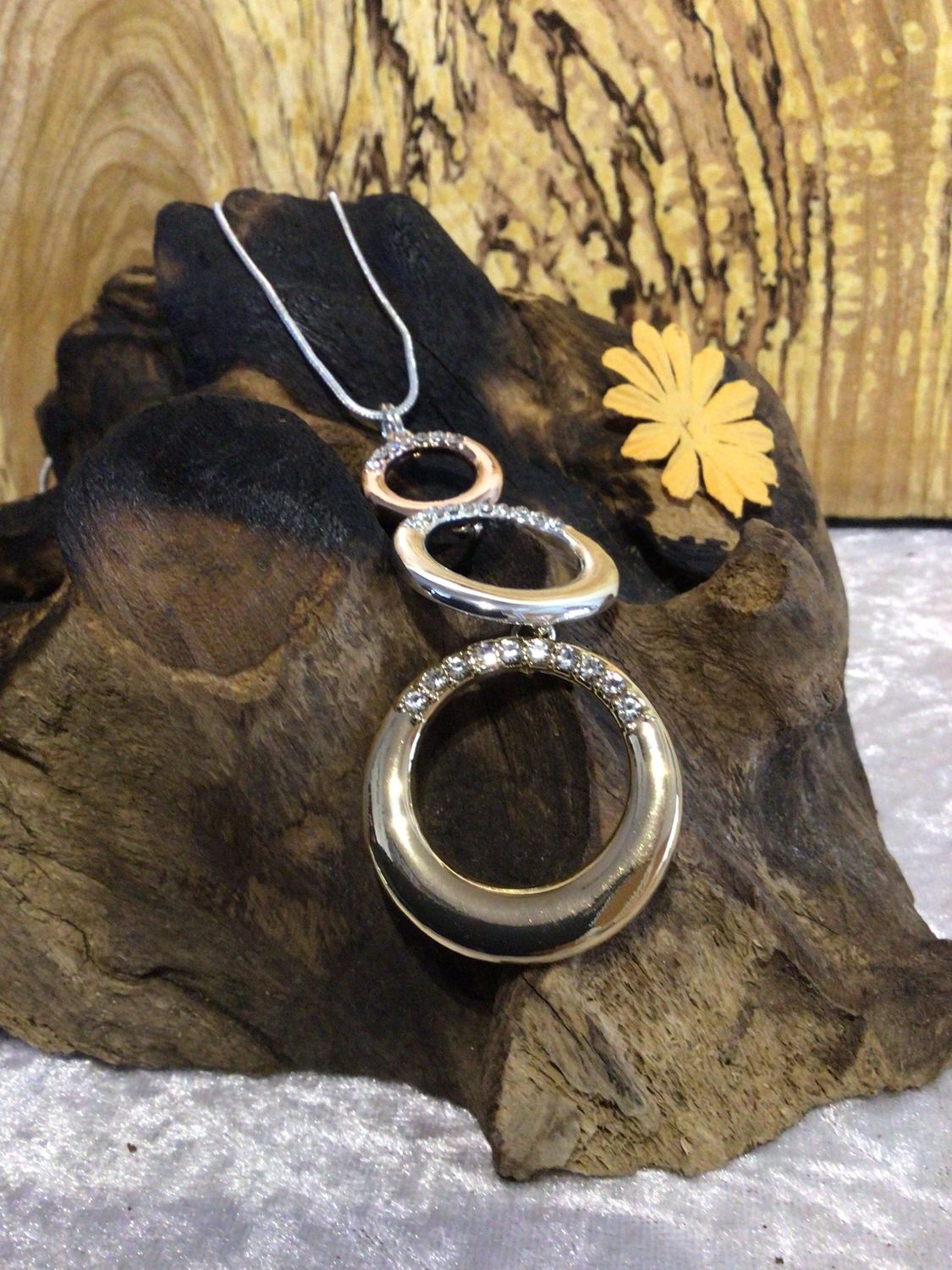 Silver Rose and Gold Tone Triple Circles Long Necklace