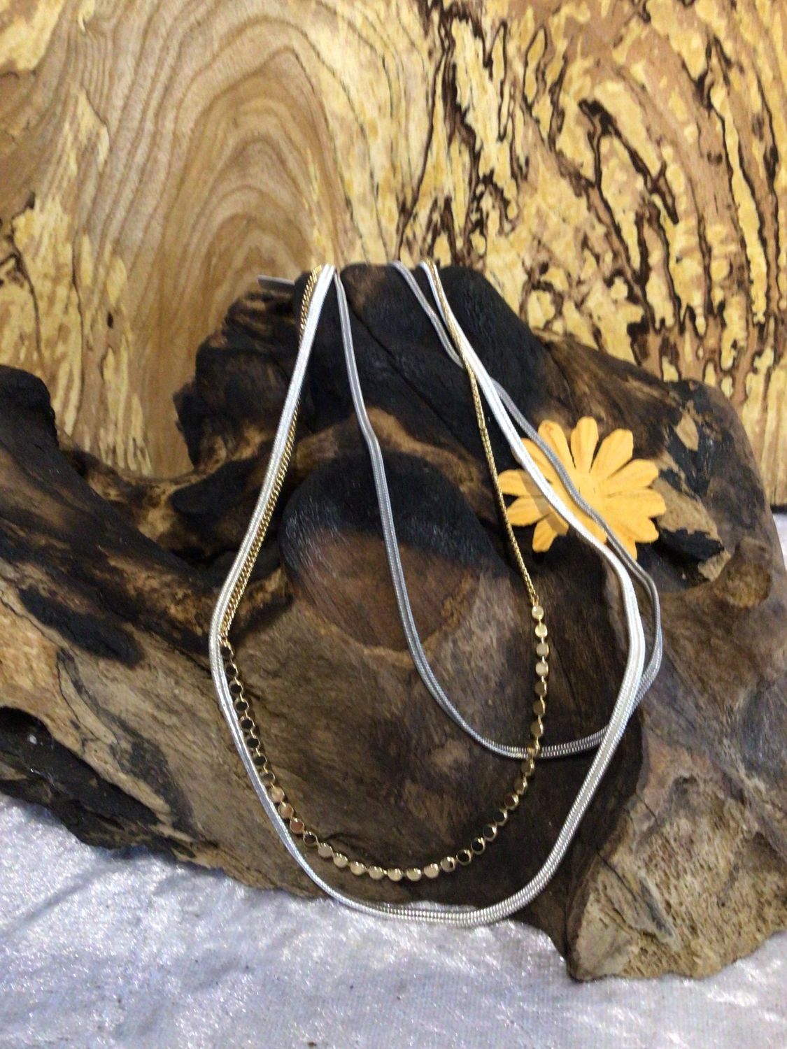 Silver, Rose and Gold Tone 3 Chains Necklace