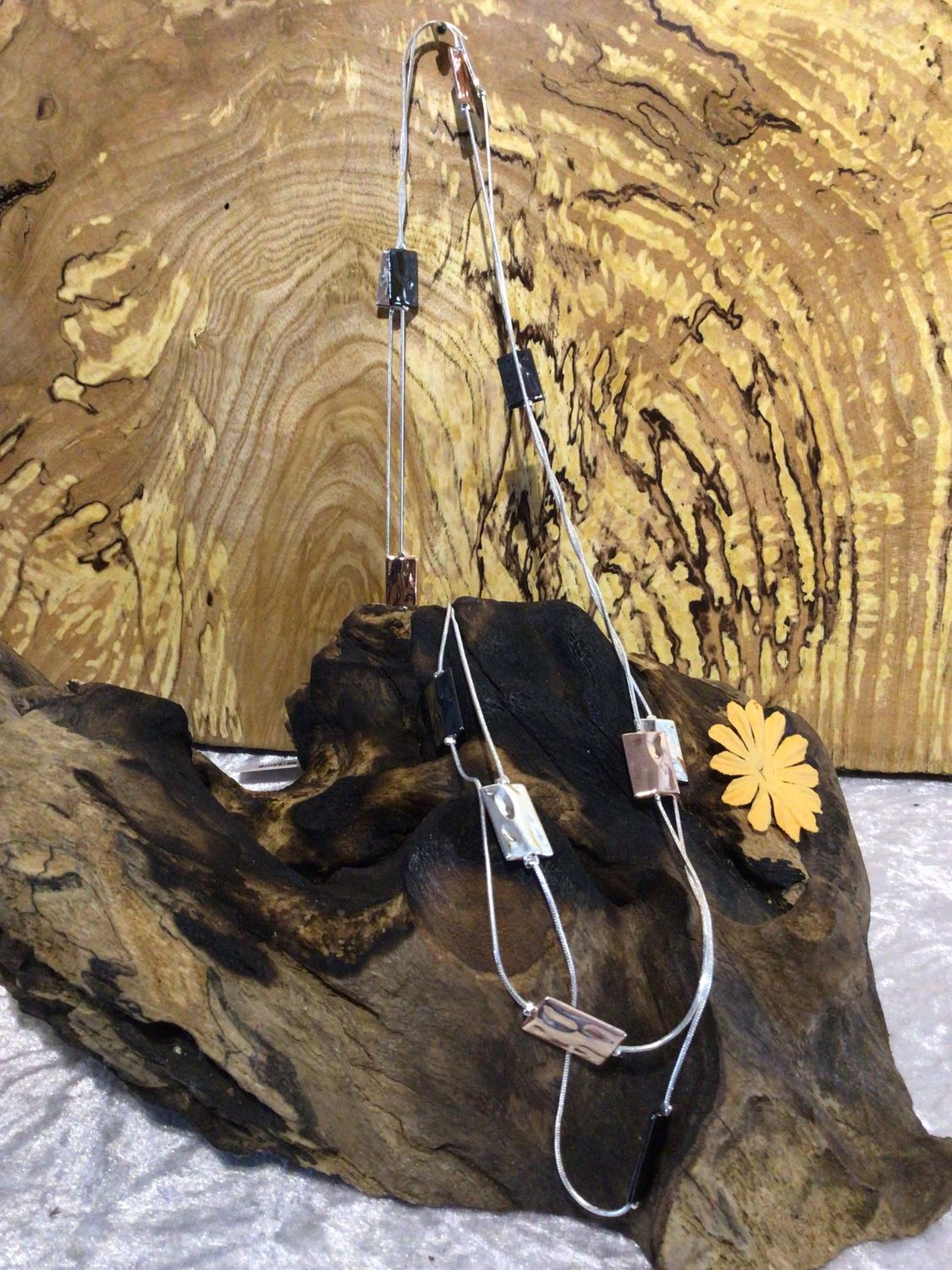 Silver, Rose and Black Tone Oblong Nugget Long Chain