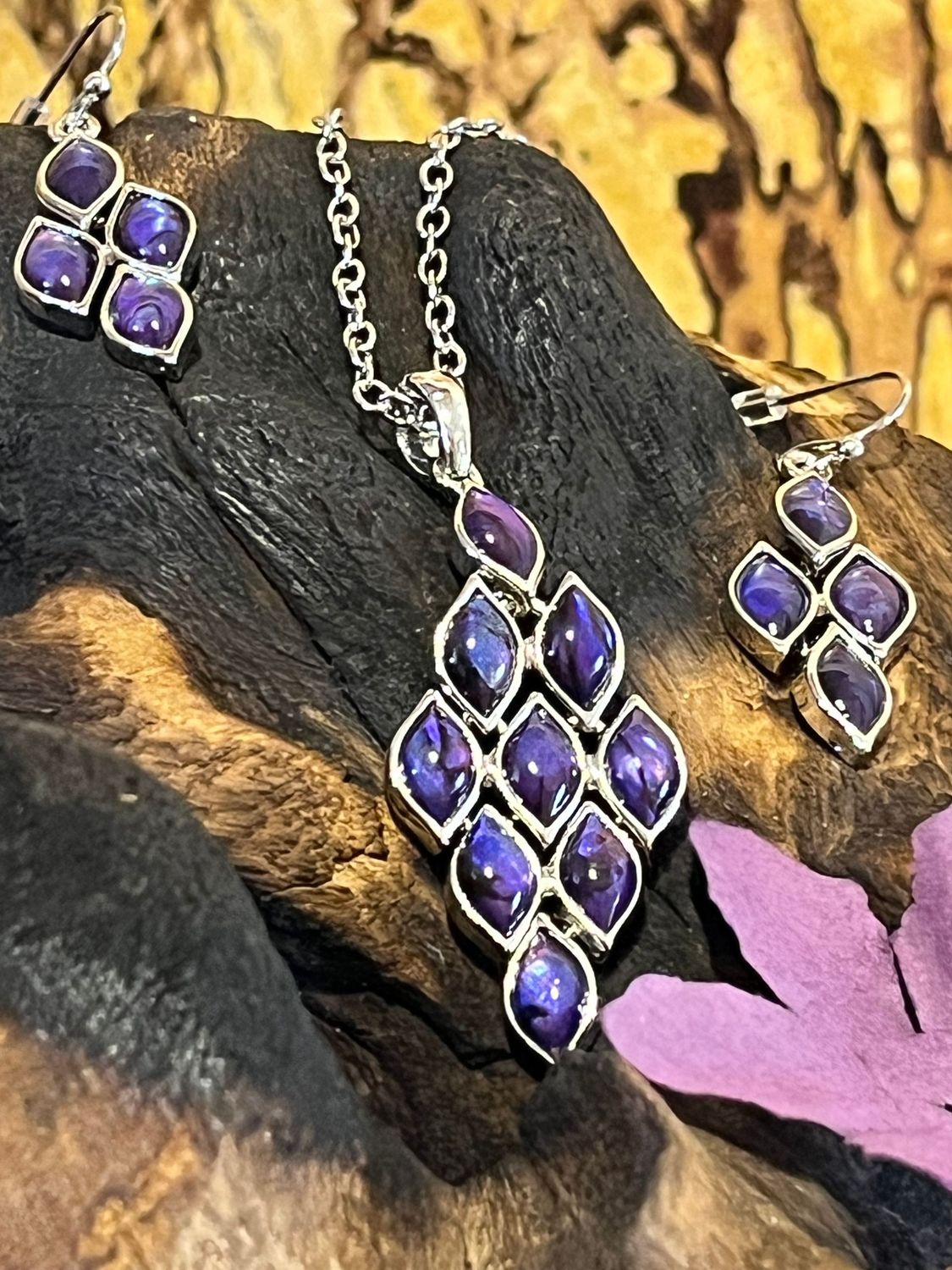 Purple Paua Shell Necklace and Earrings Set