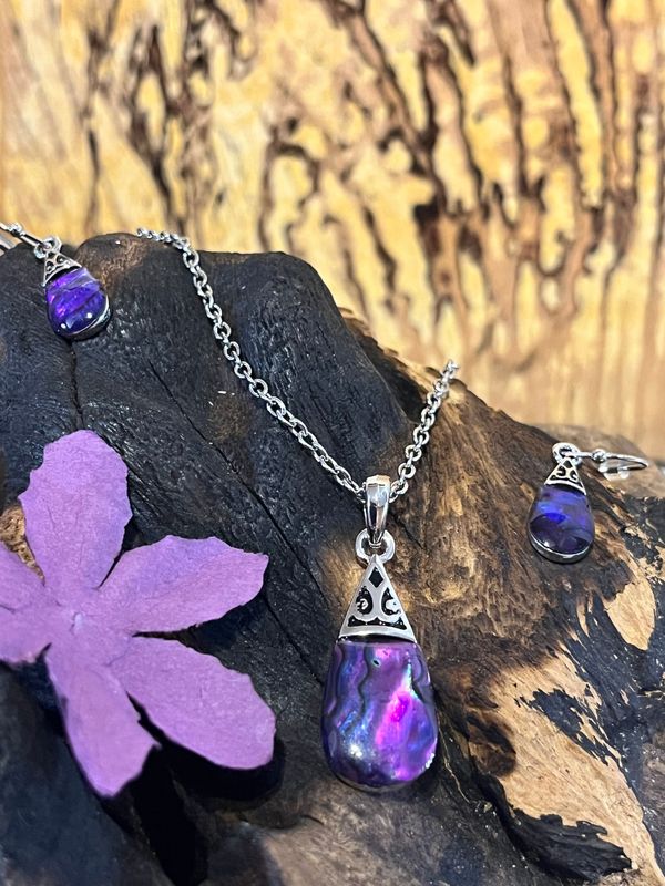 Purple Teardrop Paua Shell Necklace and Earrings Set