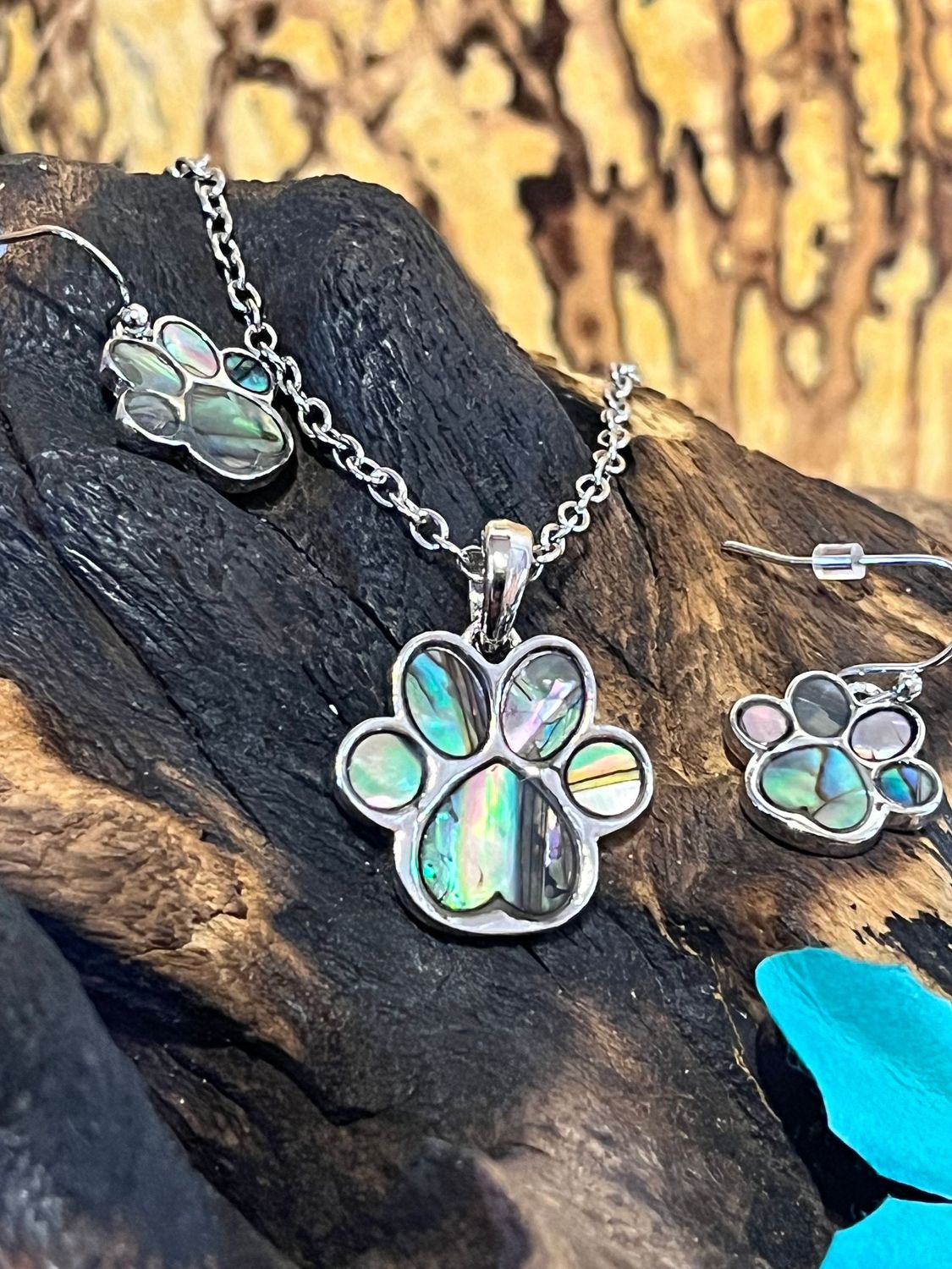 Paw Prints Paua Shell Necklace and Earrings Set