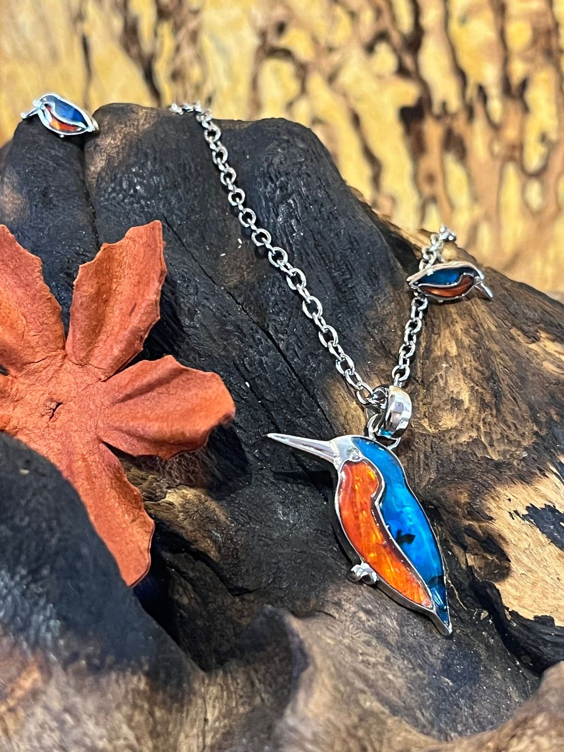 Blue and Amber Kingfisher Paua Shell Necklace and Earrings Set