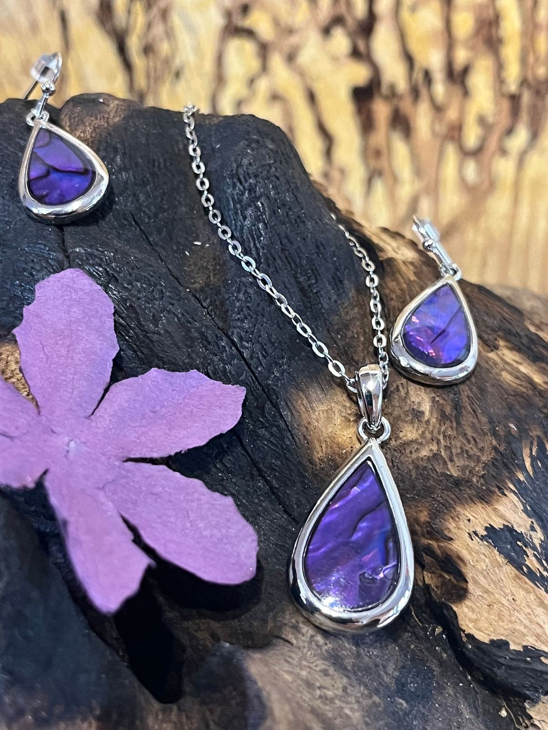 Purple Pear Paua Shell Necklace and Earrings Set