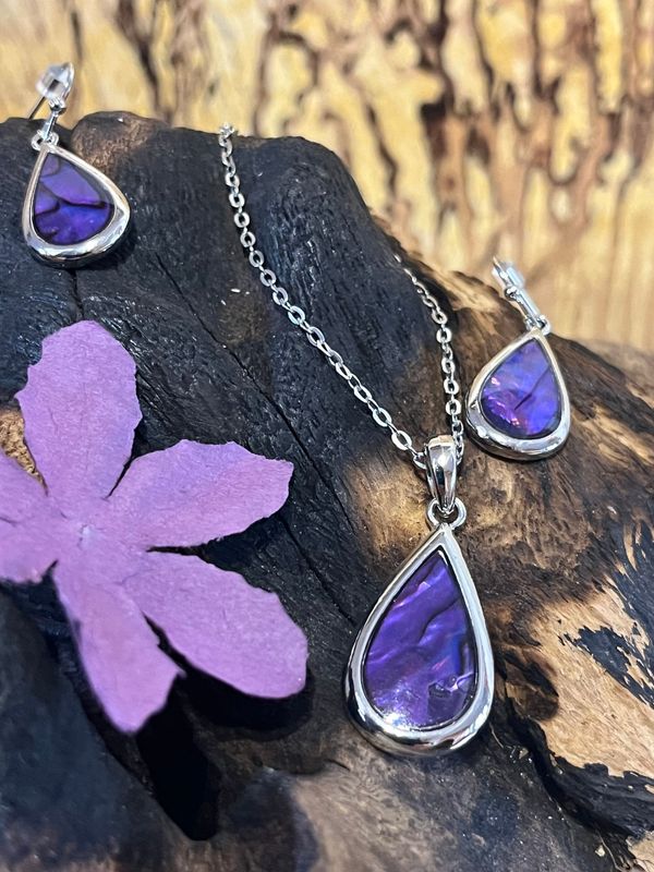 Purple Pear Paua Shell Necklace and Earrings Set
