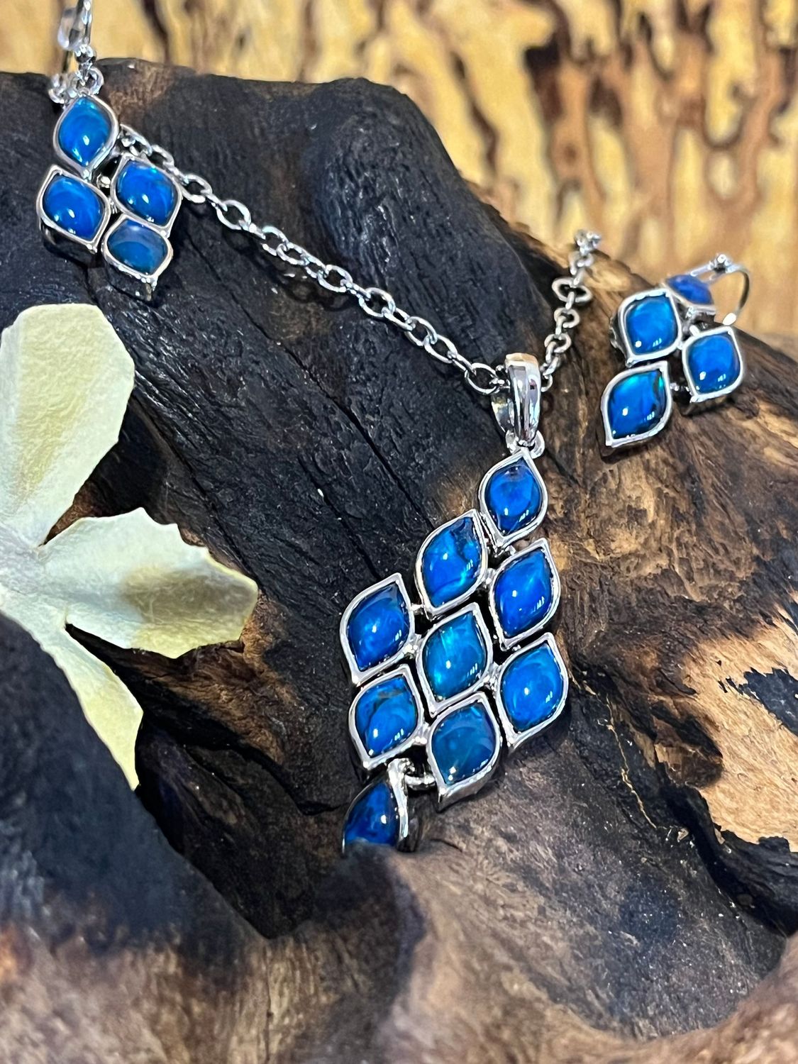 Blue Paua Shell Necklace and Earrings Set