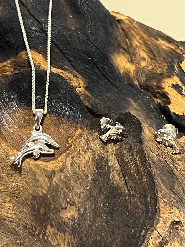 Sterling Silver Dolphin Necklace and Earrings Set