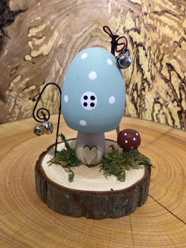 Blue Wooden Toadstool House on Log Slice