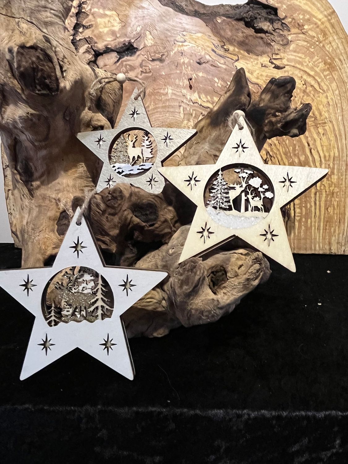 Set of 3 Laser-Cut Wooden Hanging Star Mix Decorations