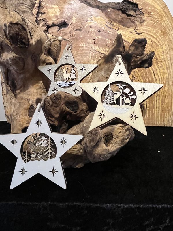 Set of 3 Laser-Cut Wooden Hanging Star Mix Decorations