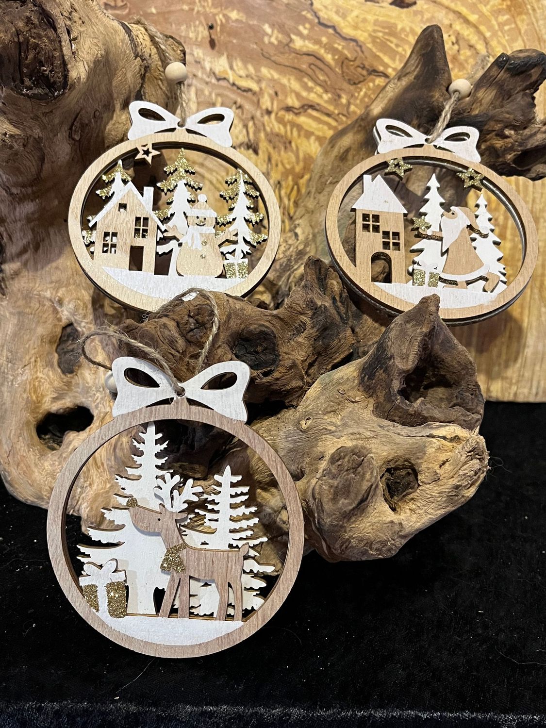 Set of 3 Laser-Cut Wooden Hanging Bauble Mix Decorations