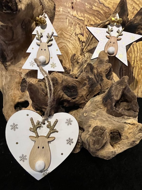 Set of 3 Laser-Cut Wooden Hanging Heart, Tree, Star Mix Decorations