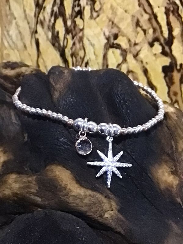 Silver and Rose Tone Star and Gem Stretch Bracelet