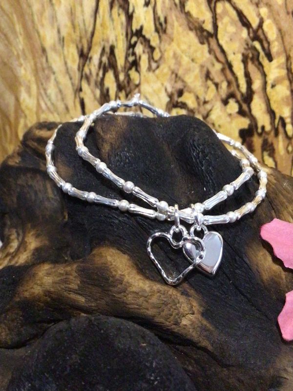 Silver Tone Double Stranded Heart Bracelet