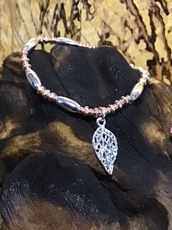 Silver and Rose Tone Leaf Stretch Bracelet