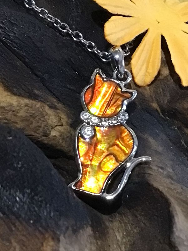 Paua Shell Amber Sitting Cat Necklace