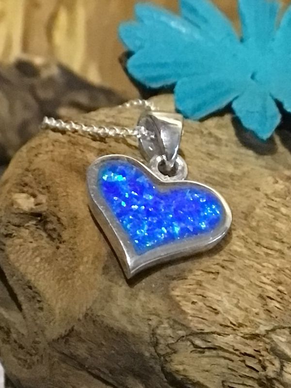 Blue Opal Heart Silver Necklace