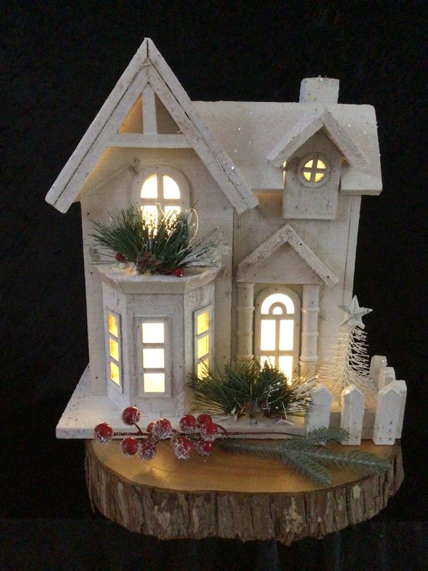 Wooden White Illuminated Christmas House